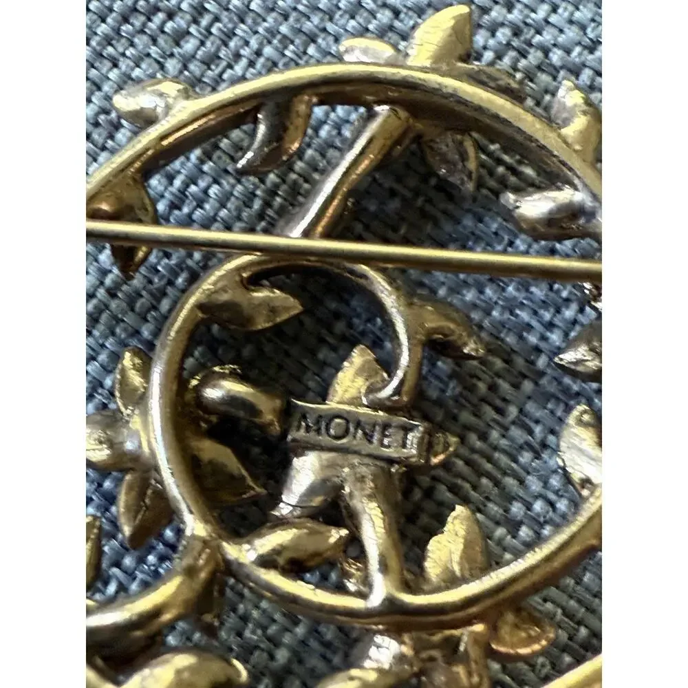Vintage Signed Monet Gold Tone Multicolored Rhinestone Swirl & Floral Brooch Pin